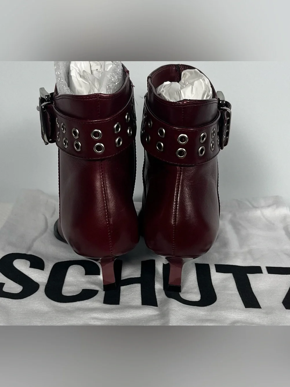 SCHUTZ Jess Booties In Rich Burgundy Leather Size 7B New In Box